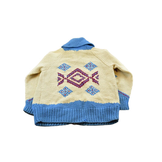 True Vintage 1960s Cowichan Pueblo Hand Knit Wool Shawl Collar Full Zip Sweater Men's S