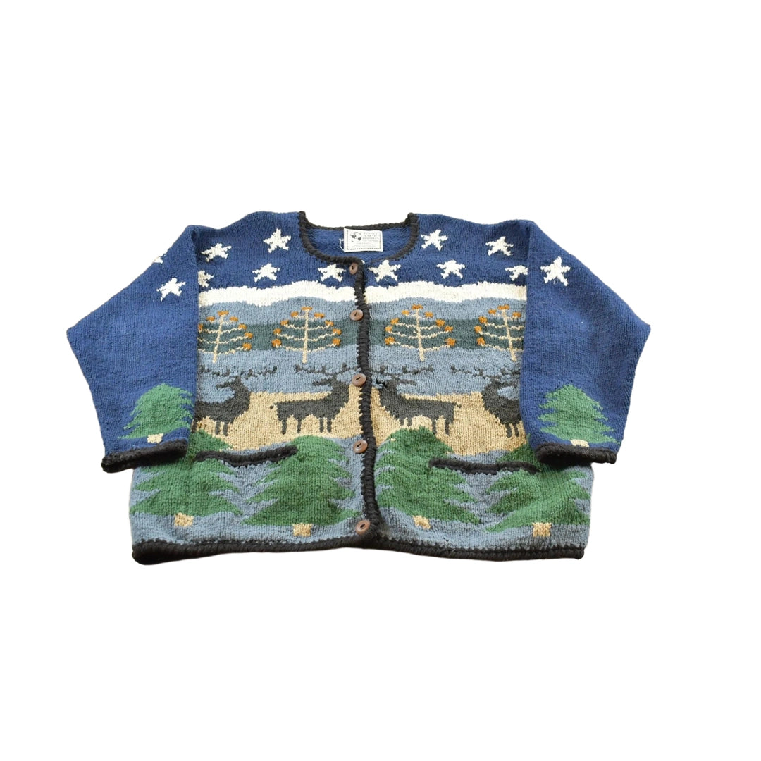 Vintage 1990s Planet Earth Imports Hand Knit Reindeer Pine Tree Wool Knit Button Up Cardigan Sweater Women's XL
