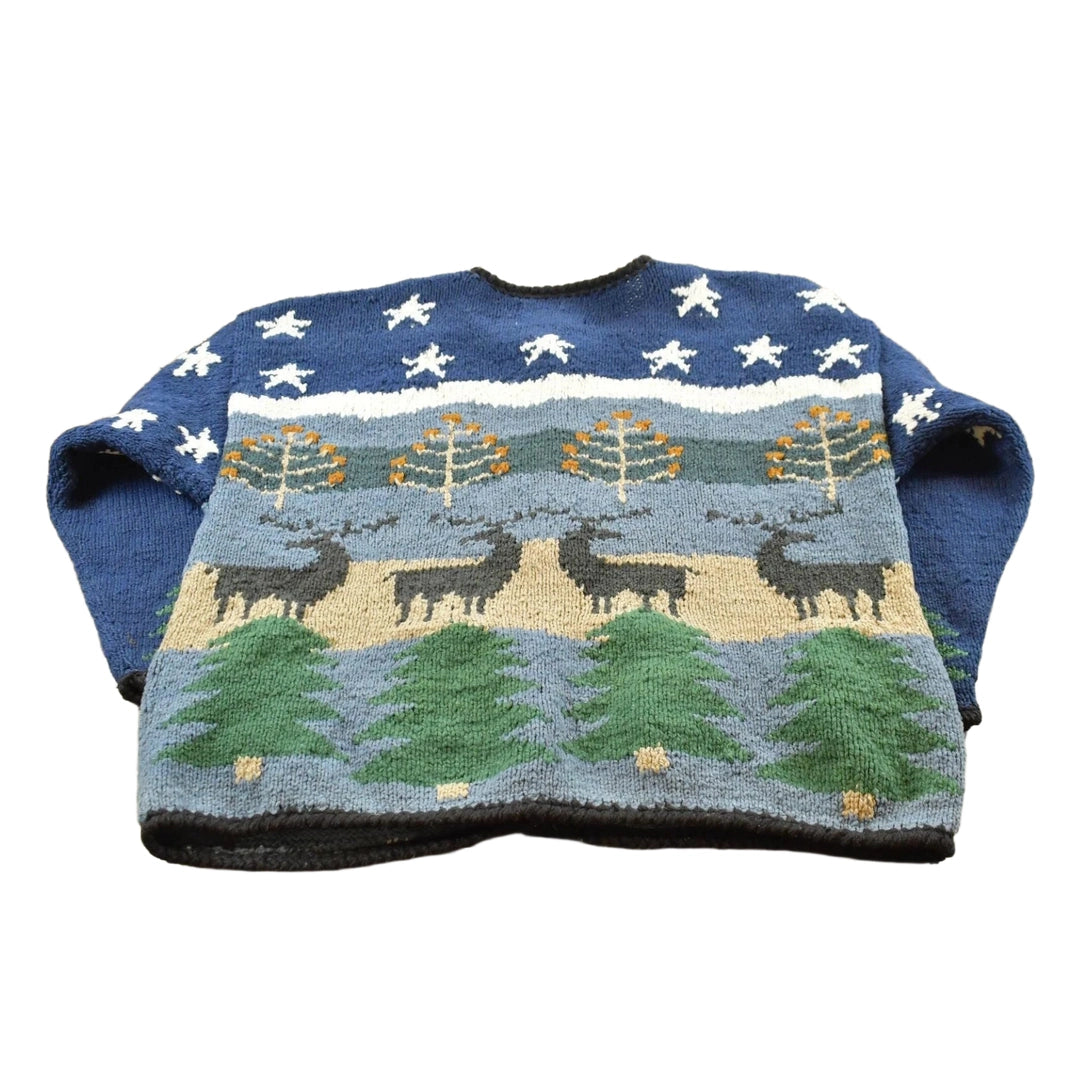 Vintage 1990s Planet Earth Imports Hand Knit Reindeer Pine Tree Wool Knit Button Up Cardigan Sweater Women's XL