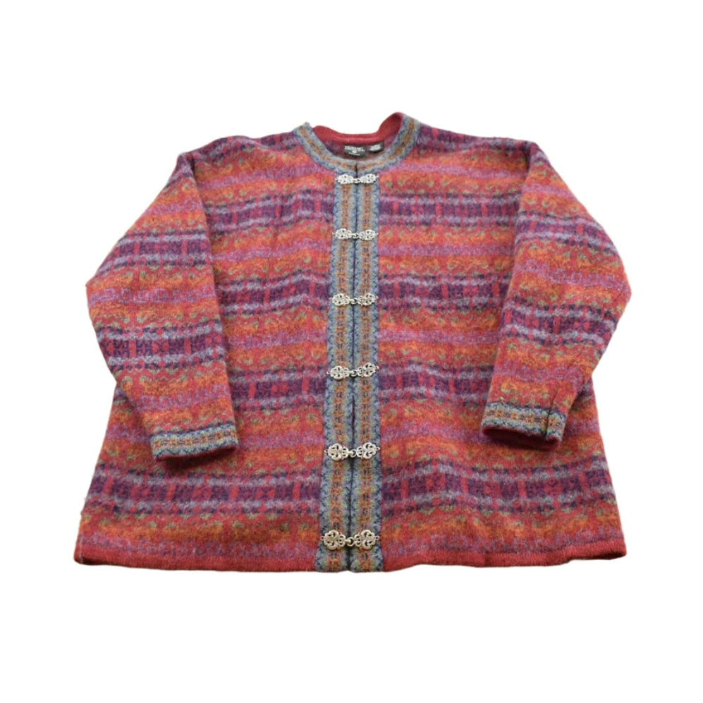Vintage 1980s Nordic Design Striped Wool Knit Button Up Cardigan Sweater Women's 2XL