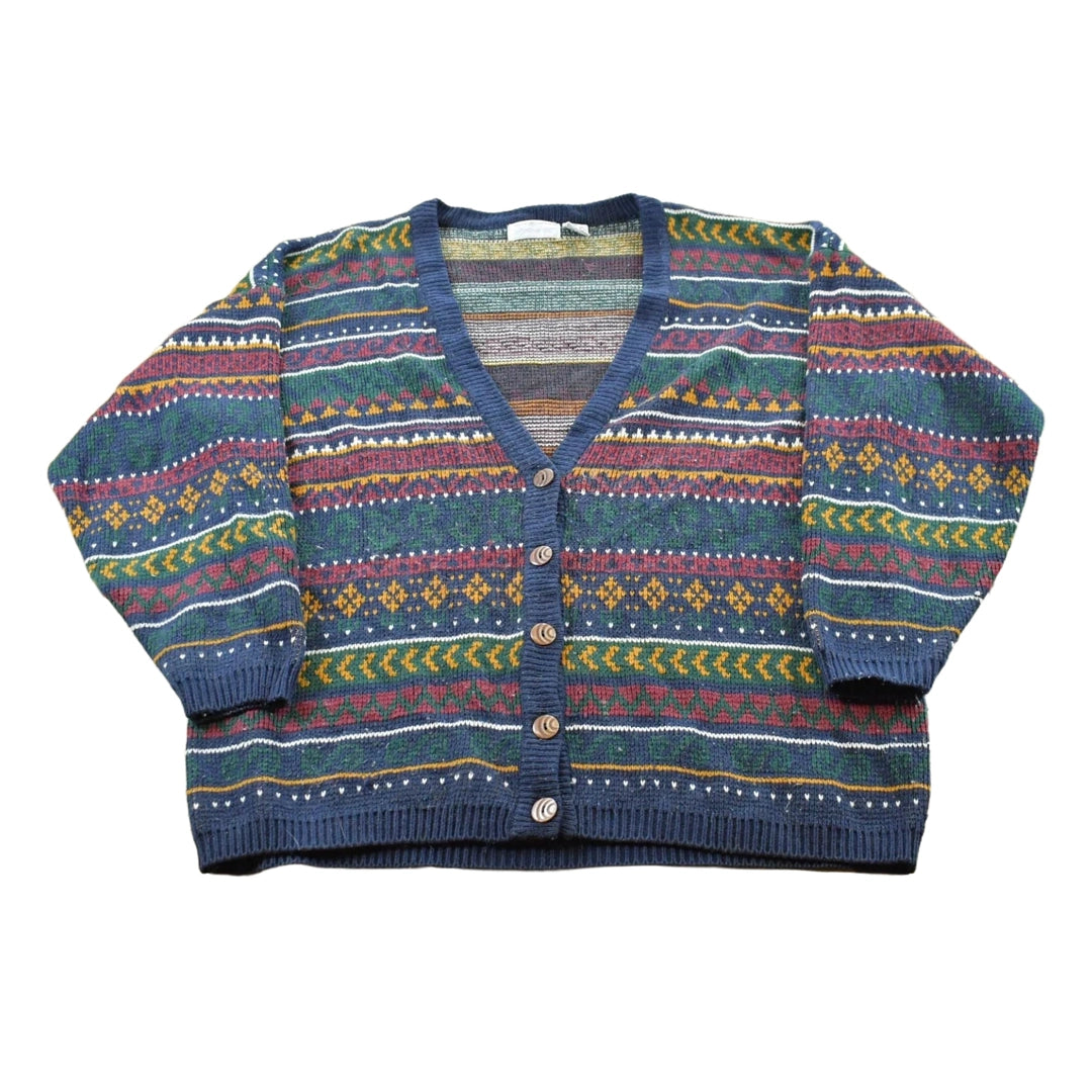 Vintage 1980s Maggie Lawrence Striped Acrylic Knit Cardigan Sweater Women's XL