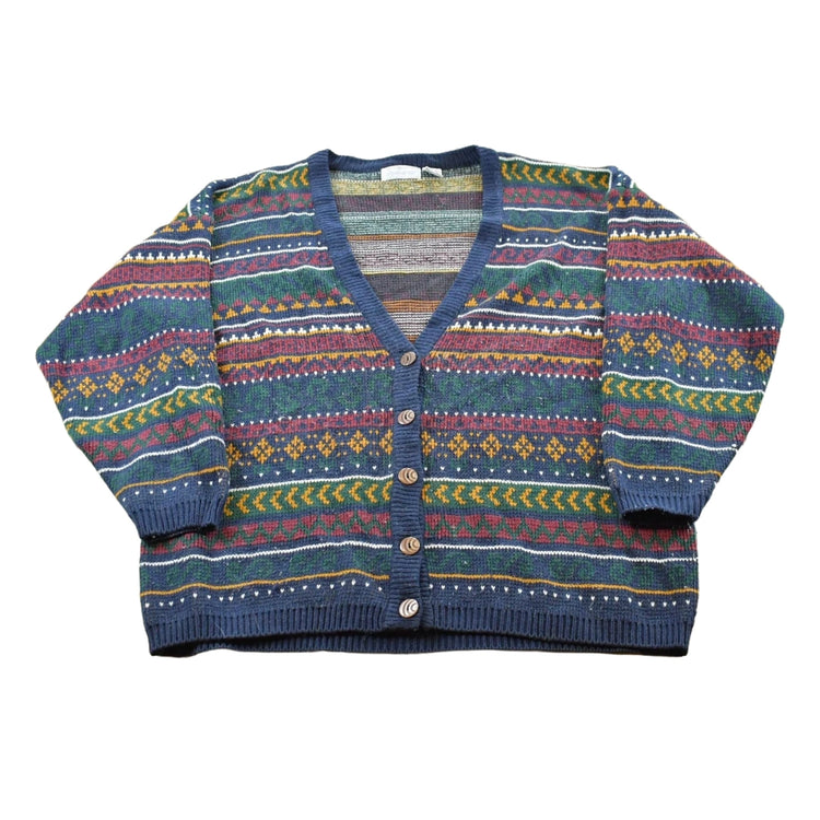 Vintage 1980s Maggie Lawrence Striped Acrylic Knit Cardigan Sweater Women's XL