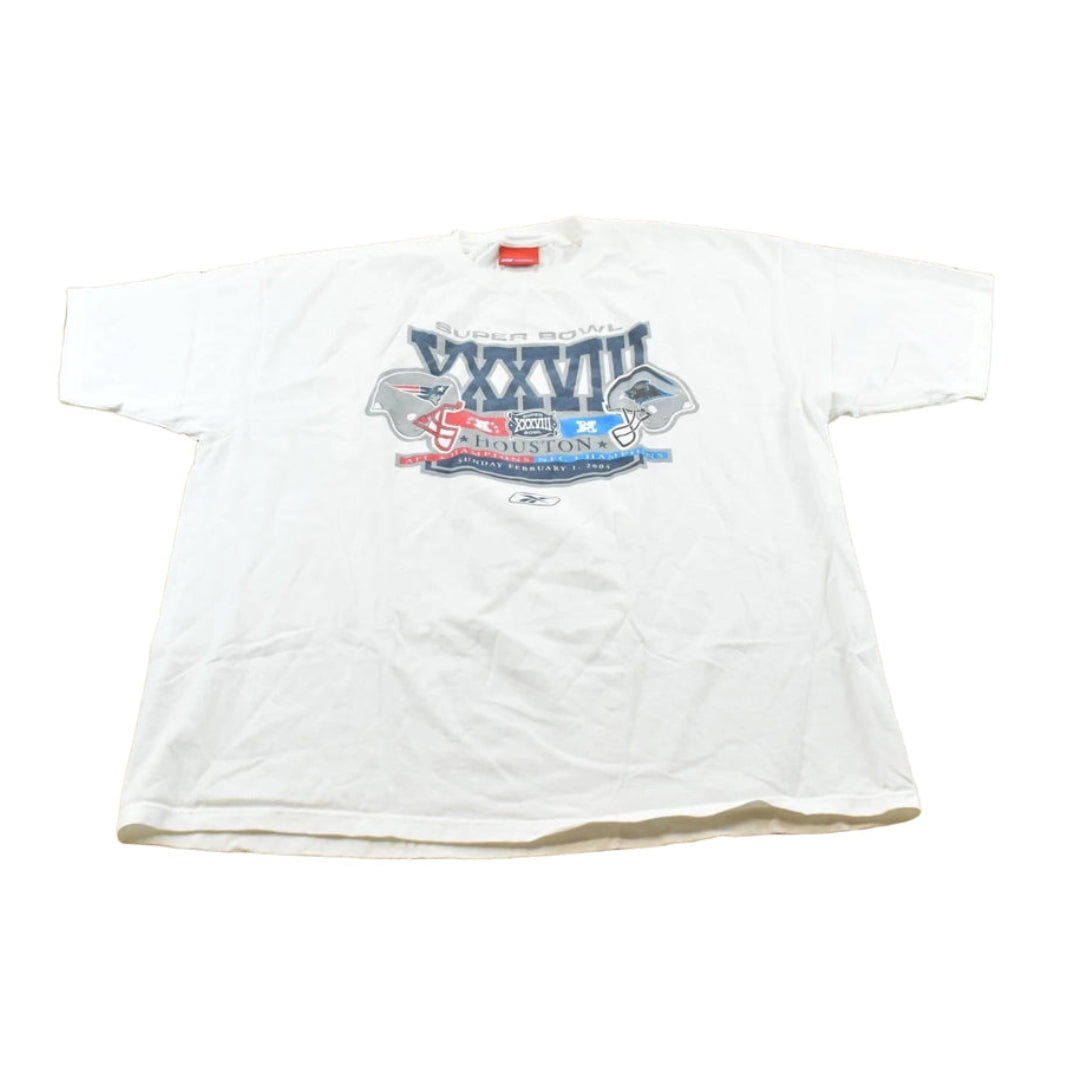 Vintage 2004 Reebok New England Patriots Carolina Panthers Super Bowl 38 NFL Football T-Shirt Men's 2XL