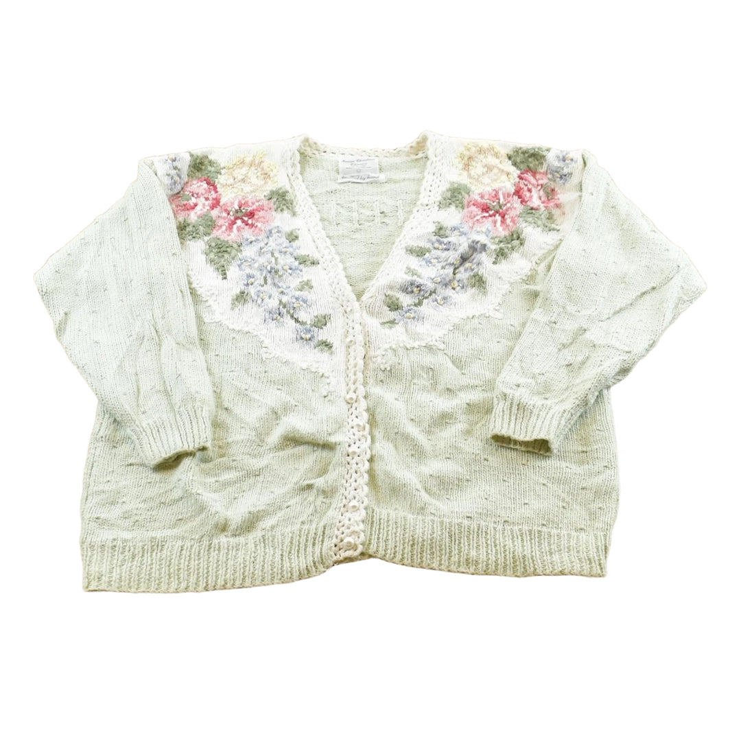 Vintage 1990s Marisa Christina Floral Embroidered Hand Knit Button Up Cardigan Sweater Women's XL