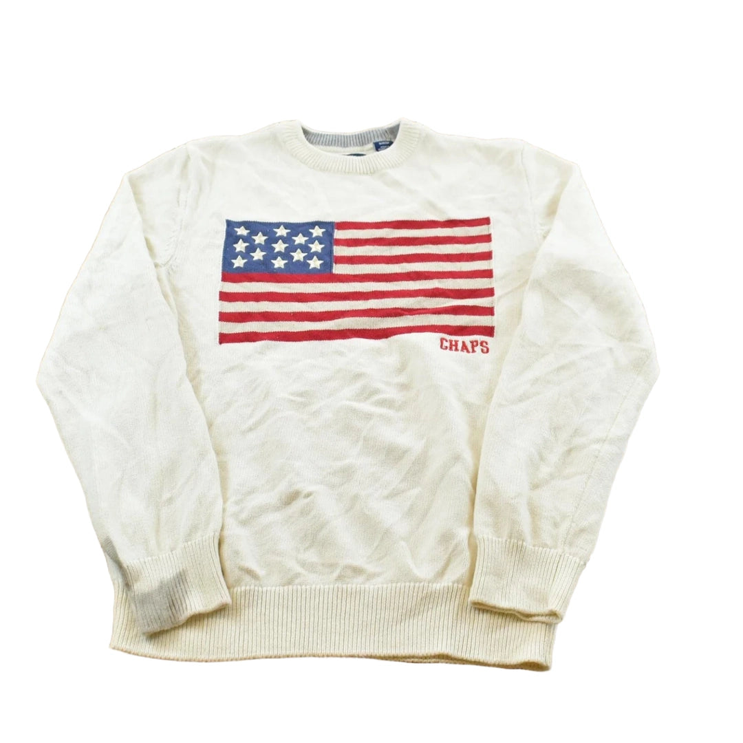 Vintage 2000s Chaps Ralph Lauren American Flag Embroidered Cotton Knit Sweater Men's S