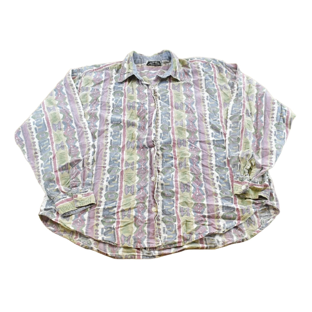 Vintage 1990s Kyoto Kasuals Striped Abstract Pattern Button Up Blouse Shirt Women's M