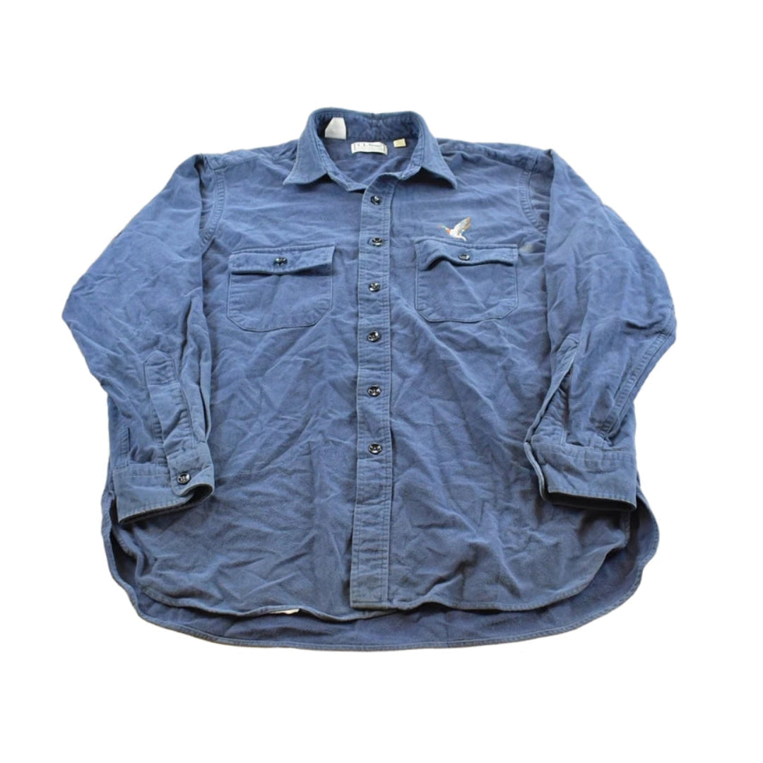 Vintage 1990s L.L. Bean Blue Chamois Cloth Embroidered Duck Button Up Shirt Men's L
