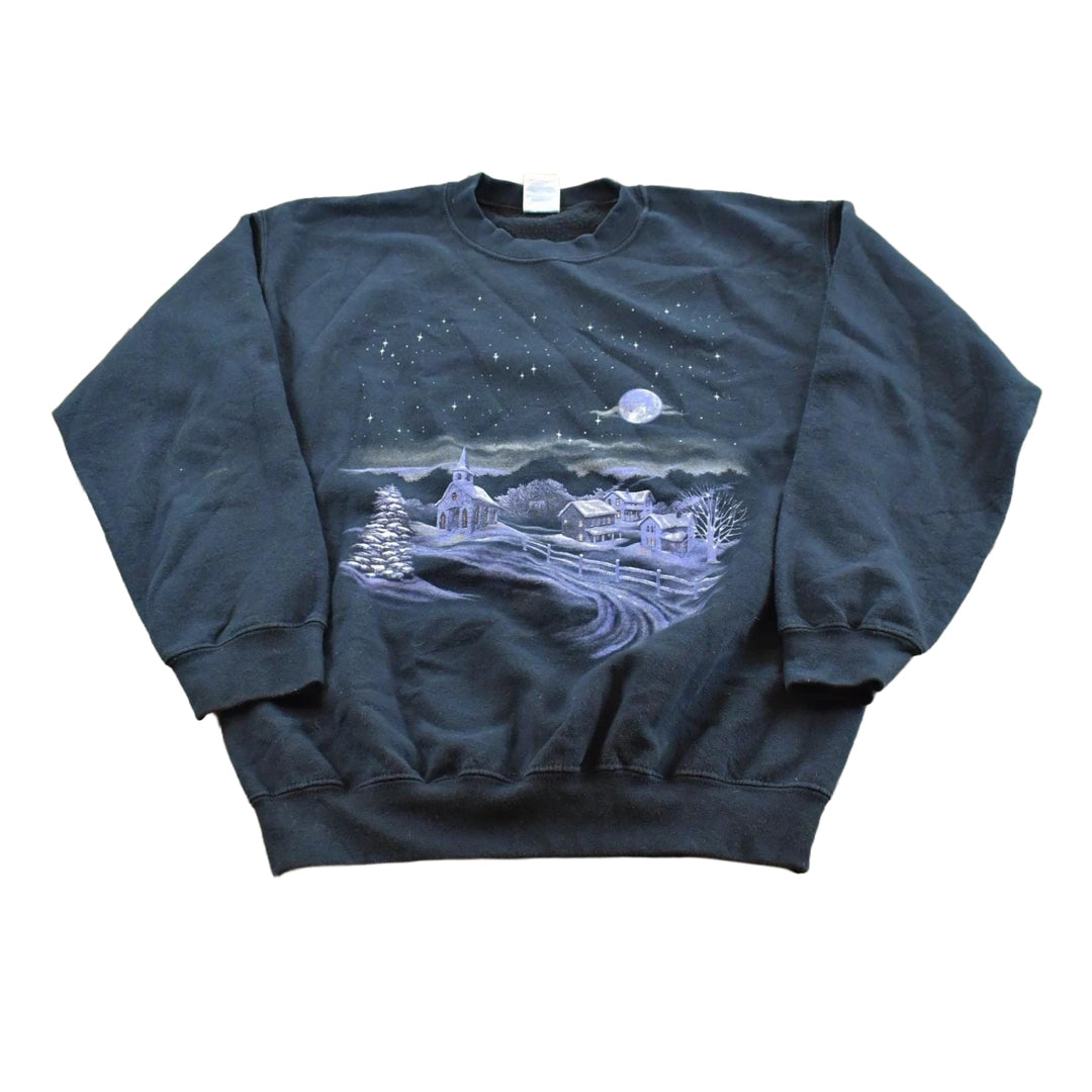 Vintage 1990s Snowy Winter Town Scene Graphic Crewneck Sweatshirt Men's M