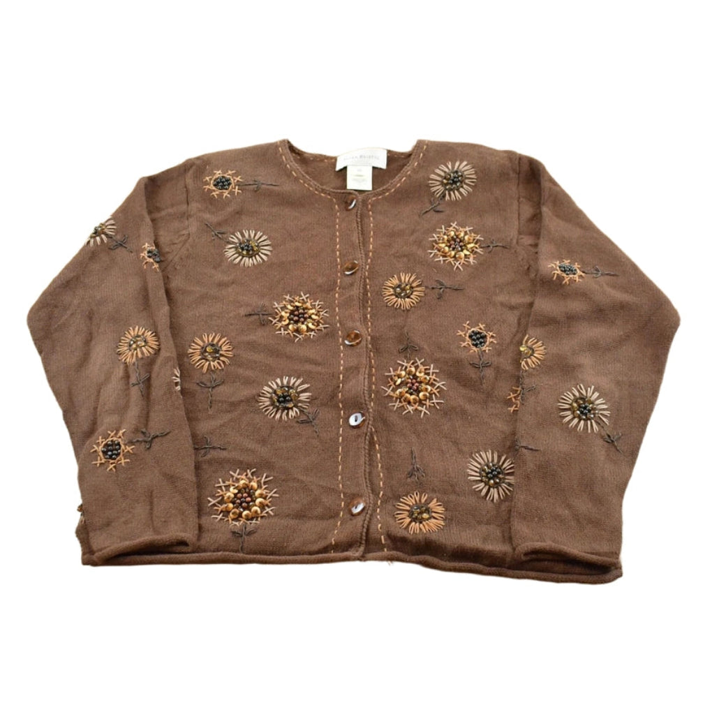 Vintage 2000 Susan Bristol Floral Embroidered Knit Cardigan Sweater Women's M