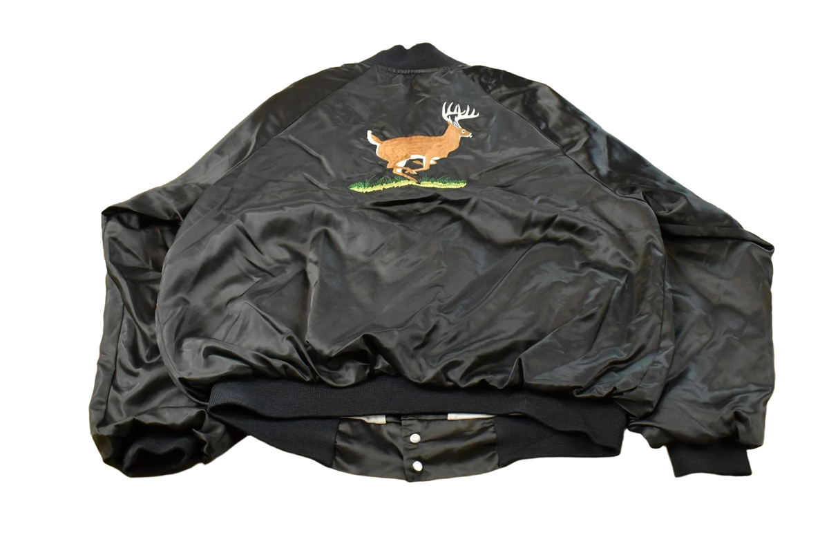Vintage 1980s Deer Embroidered Satin Bomber Jacket Men's XL