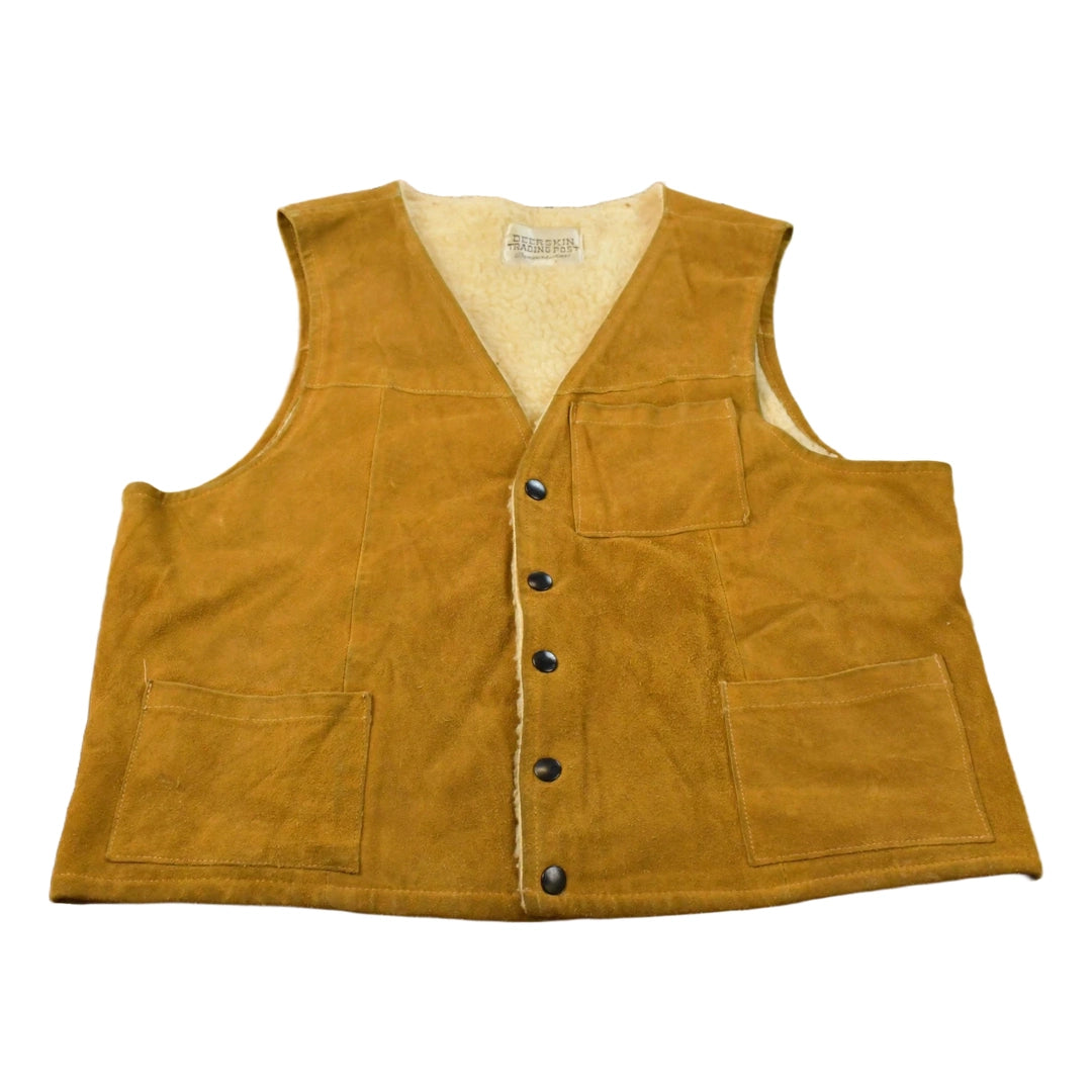 Vintage 1980s Deerskin Trading Post Western Leather Suede Sherpa Pile Lined Vest Jacket Men's M