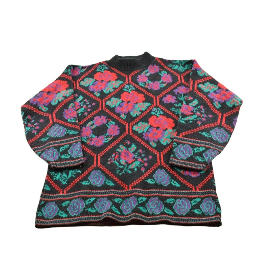 Vintage 1990s Laura Tyler Floral Acrylic Knit Crewneck Sweater Women's M