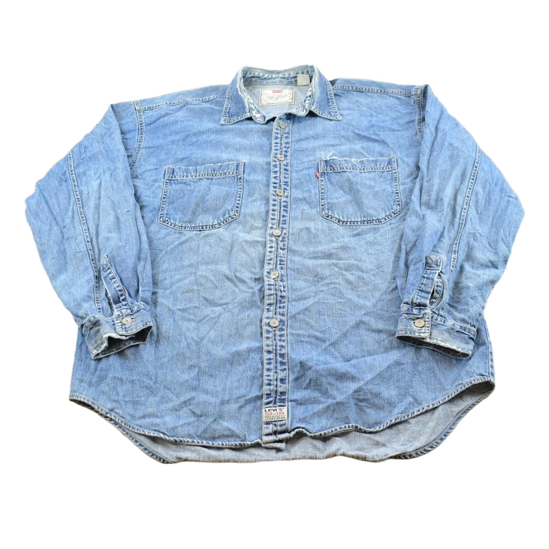 Vintage 1990s Distressed Levis Red Tab Denim Heavyweight Button Up Shirt Men's XL