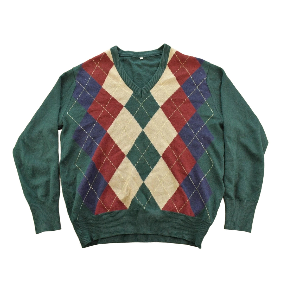 Vintage 1990s Argyle Knit V-Neck Pullover Sweater Men's L