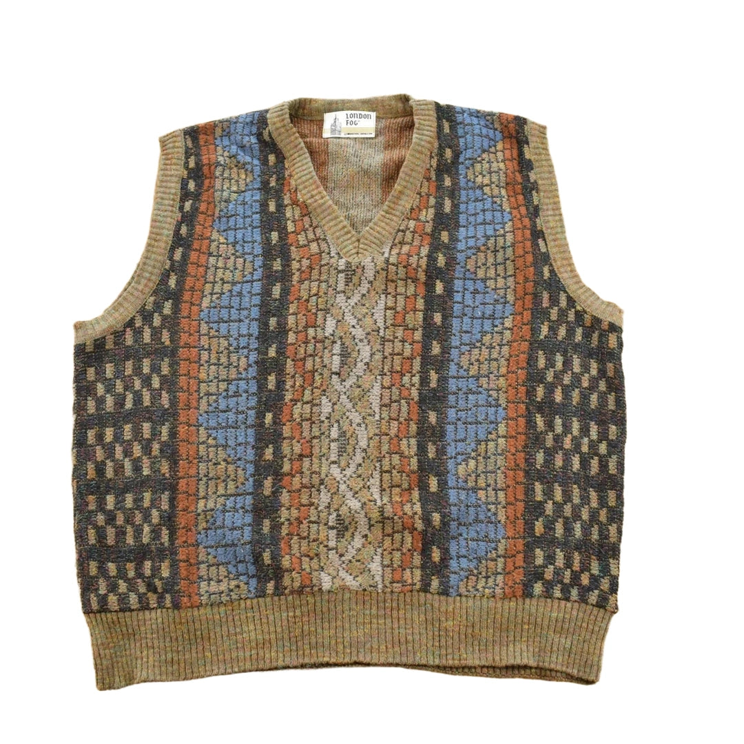 Vintage 1990s London Fog Fair Isle Knit V-Neck Pullover Sweater Men's L