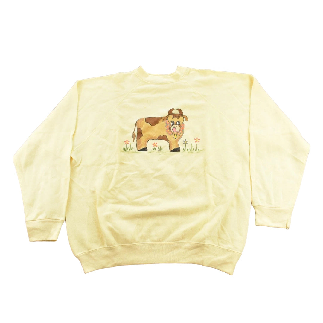 Vintage 1990s Cute Cow Graphic Raglan Crewneck Sweatshirt Women's L