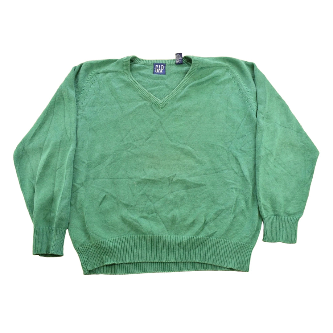 Vintage 1990s Gap Blank Green Knit V-Neck Sweater Men's XL