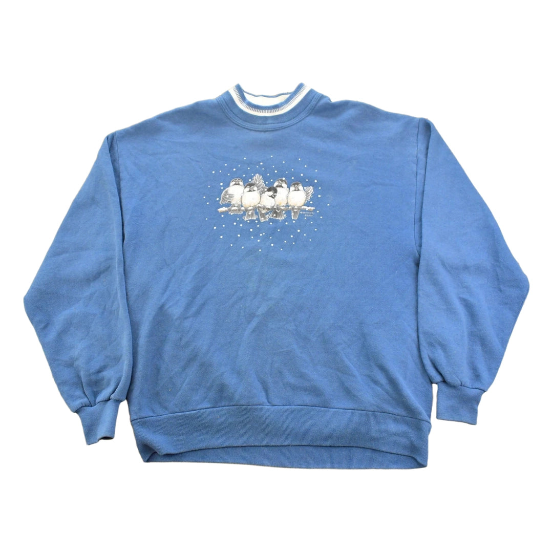 Vintage 1990s Morning Sun Chickadee Birds Graphic Crewneck Sweatshirt Women's L