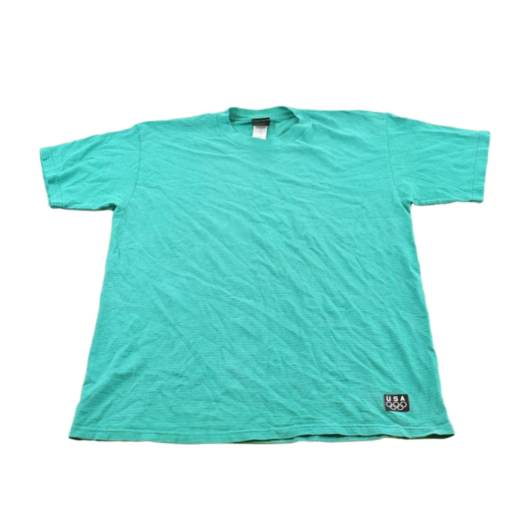 Vintage 1990s USA Olympic Rings JC Penney Micro Stripe Teal T-Shirt Men's L