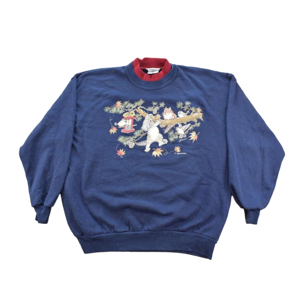 Vintage 1990s Morning Sun Cute Cat and Squirrel Graphic Crewneck Sweatshirt Women's L
