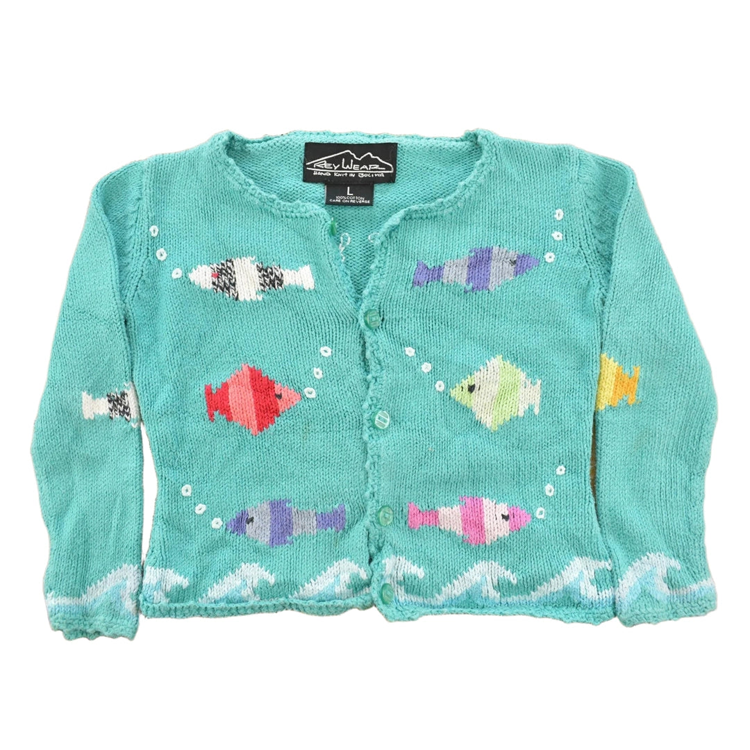Vintage 1990s Rey Wear Fish Embroidered Knit Cardigan Sweater Youth XS