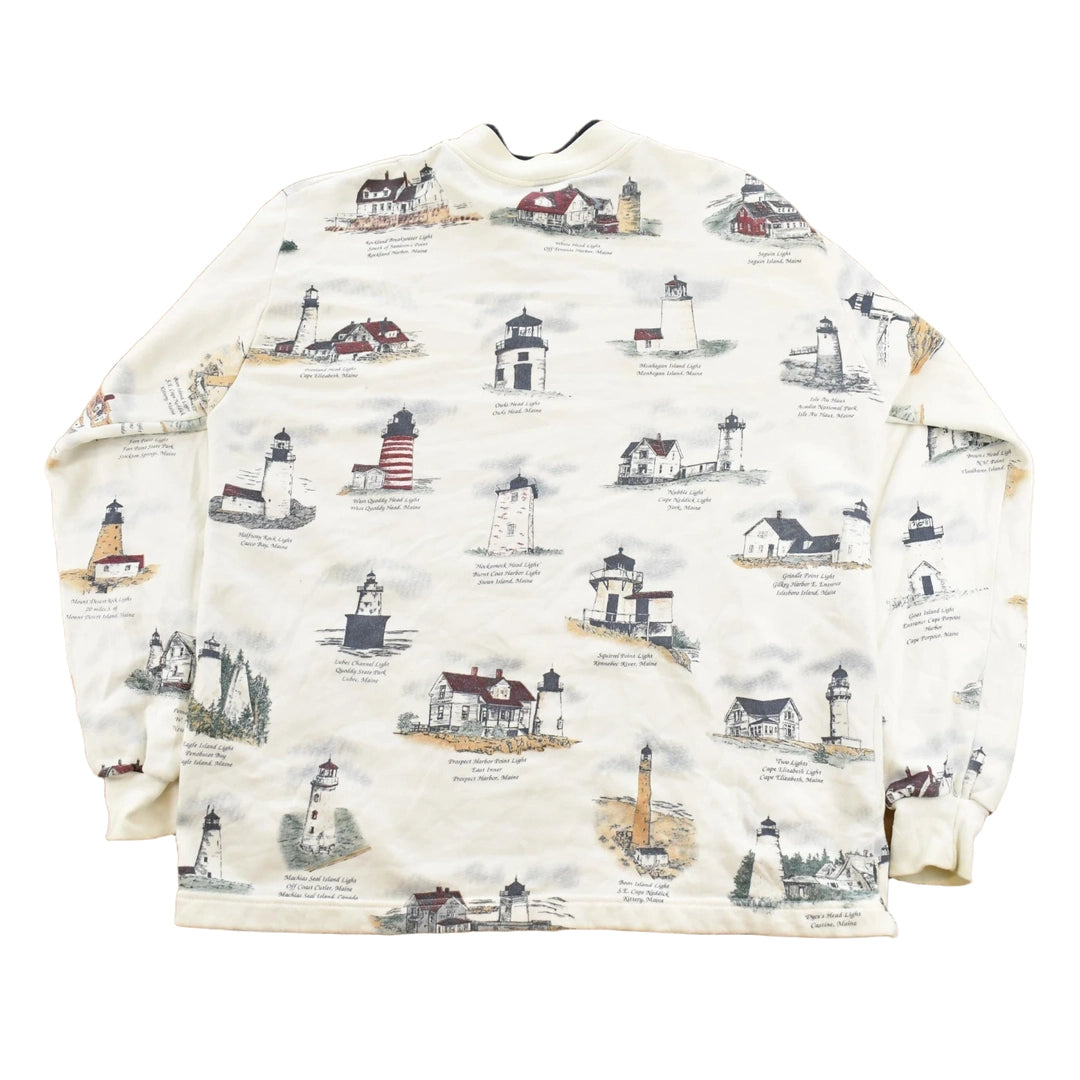 Vintage 1990s Art Unlimited Lighthouse All Over Print Cardigan Sweater Men's L