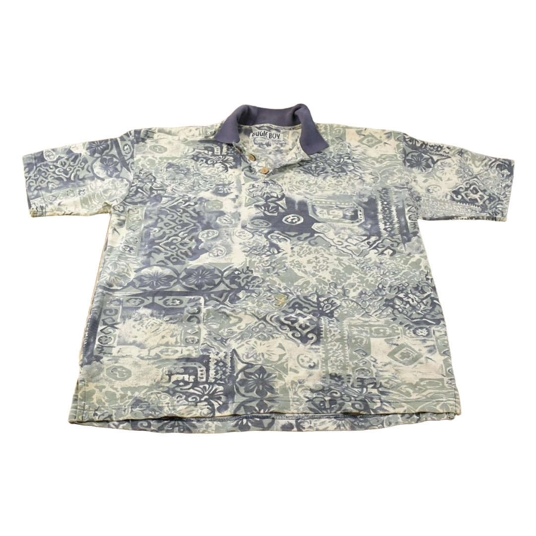 Vintage 1990s Bugle Boy Beach All Over Print Collared Polo Shirt Men's XL