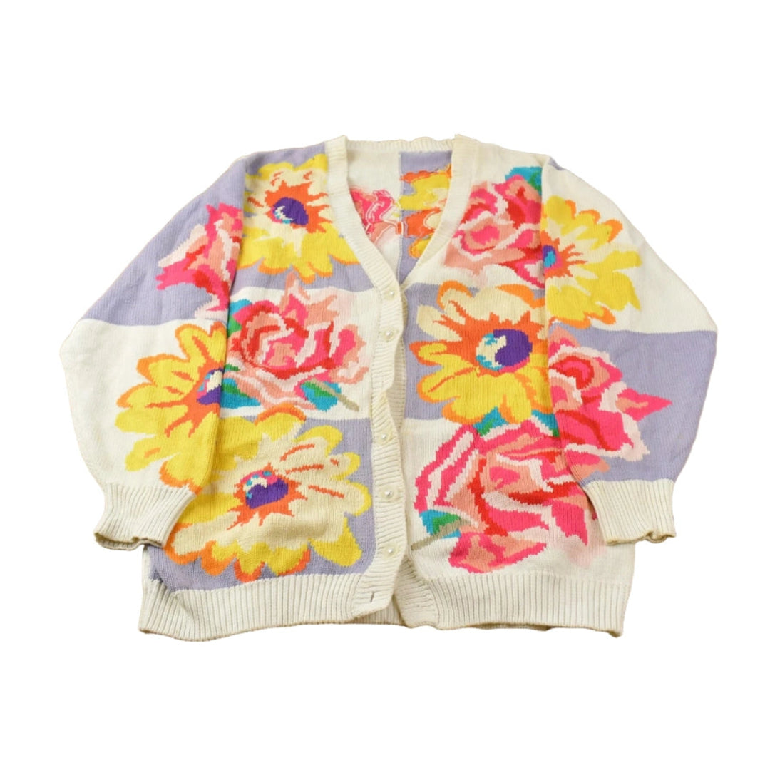 Vintage 1990s Floral Knit Cardigan Sweater Women's L