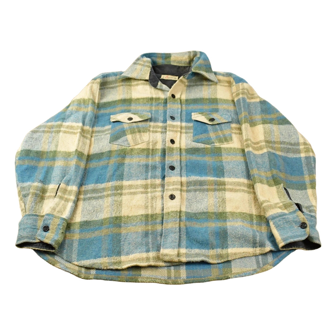 Vintage 1970s Lazy-H Plaid Button Up Flannel Shirt Jacket Men's Large