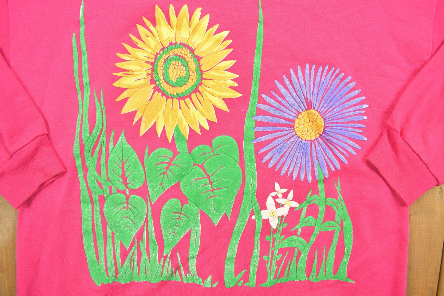 Proper Vintage Clothing > Gender Neutral Adult Clothing > Hoodies & Sweatshirts > Sweatshirts 1990 Vintage Floral Neon Sunflower Pink Double Collar Crewneck / Nature Print / Wilderness Pullover Sweatshirt Graphic / Made In USA