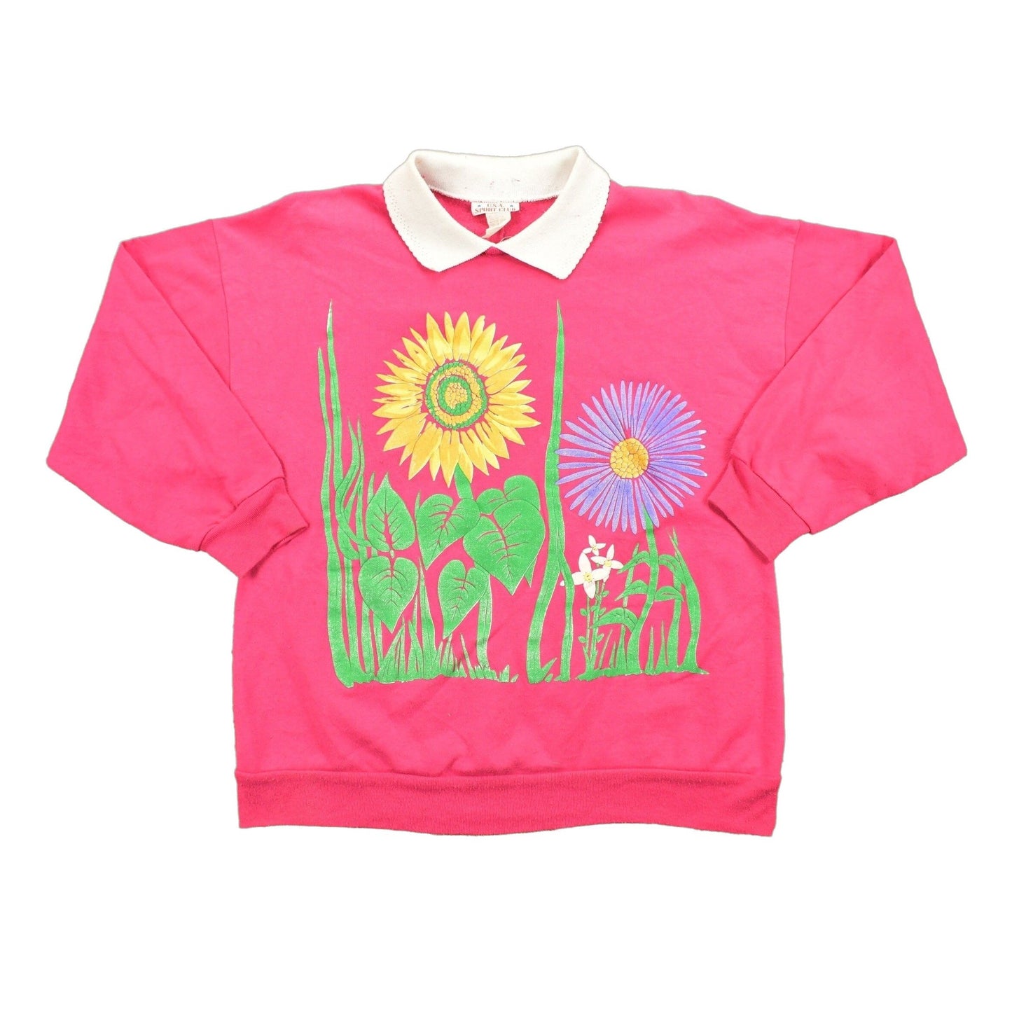 Proper Vintage Clothing > Gender Neutral Adult Clothing > Hoodies & Sweatshirts > Sweatshirts 1990 Vintage Floral Neon Sunflower Pink Double Collar Crewneck / Nature Print / Wilderness Pullover Sweatshirt Graphic / Made In USA