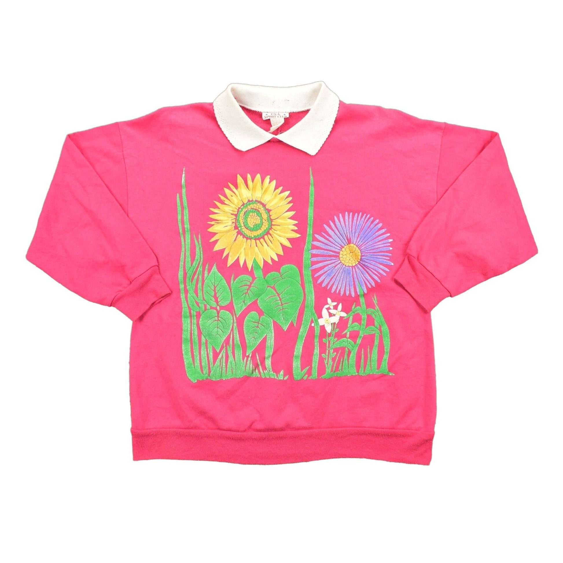 Proper Vintage Clothing > Gender Neutral Adult Clothing > Hoodies & Sweatshirts > Sweatshirts 1990 Vintage Floral Neon Sunflower Pink Double Collar Crewneck / Nature Print / Wilderness Pullover Sweatshirt Graphic / Made In USA