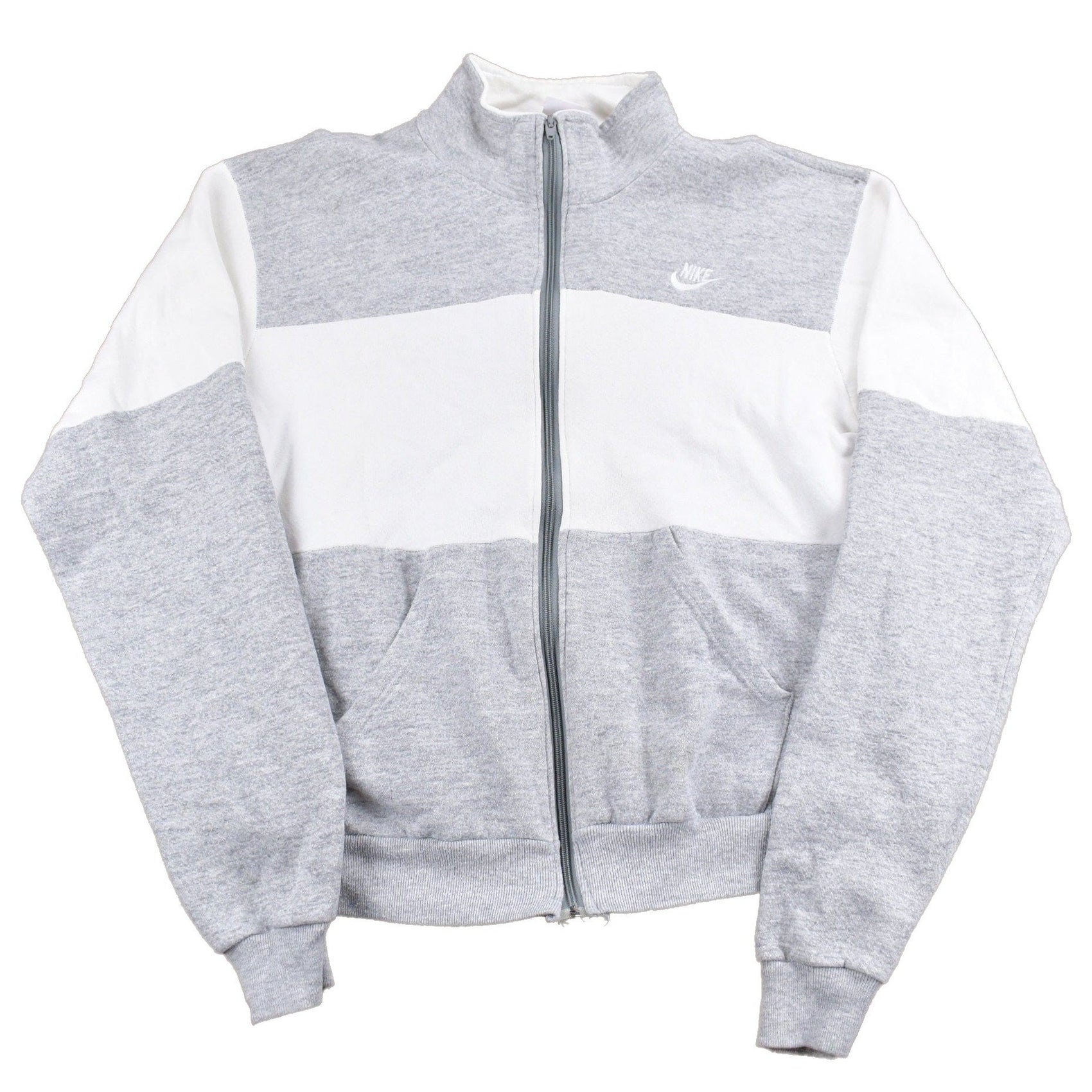 Proper Vintage Clothing > Gender Neutral Adult Clothing > Hoodies & Sweatshirts > Sweatshirts Vintage 1980s Nike Mini Logo Full Zip Sweatshirt / Vintage Nike Grey Tag / Sportswear / Made In USA / Color Block / Embroidered