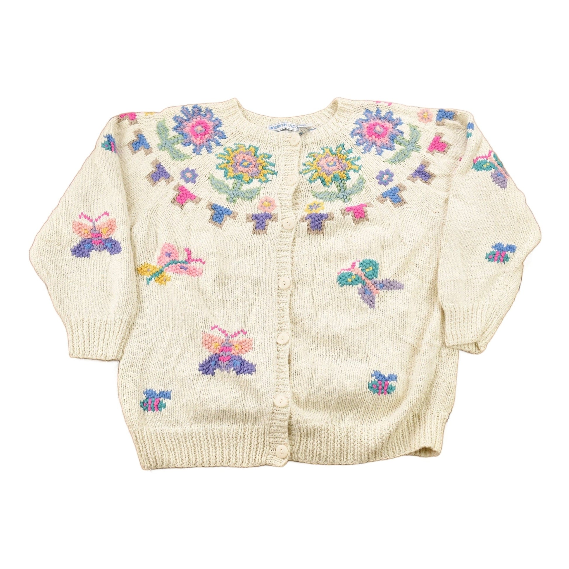 Proper Vintage Clothing > Gender Neutral Adult Clothing > Hoodies & Sweatshirts > Sweatshirts Vintage 1980s Northern Isles Hand Knit Cardigan Sweater Women's M / Abstract Patterns / Winter Sweater / Streetwear / Colorful