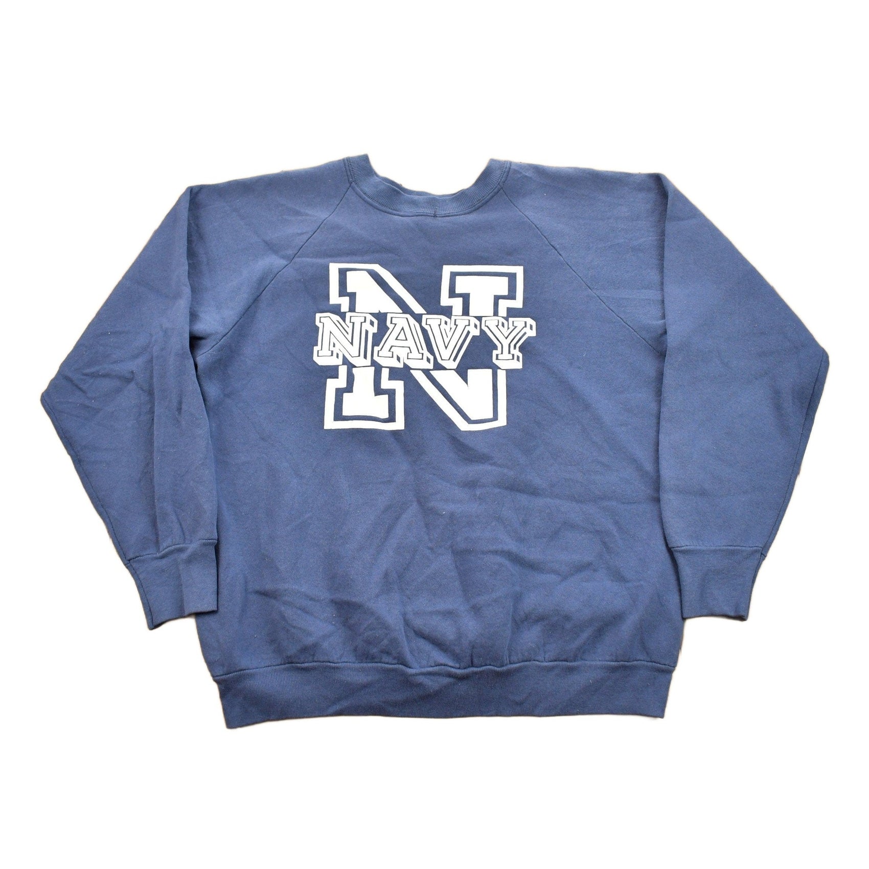 Proper Vintage Clothing > Gender Neutral Adult Clothing > Hoodies & Sweatshirts > Sweatshirts Vintage 1980s United States Navy Graphic Raglan Crewneck / Vintage Military Sweatshirt / / Navy Sweater