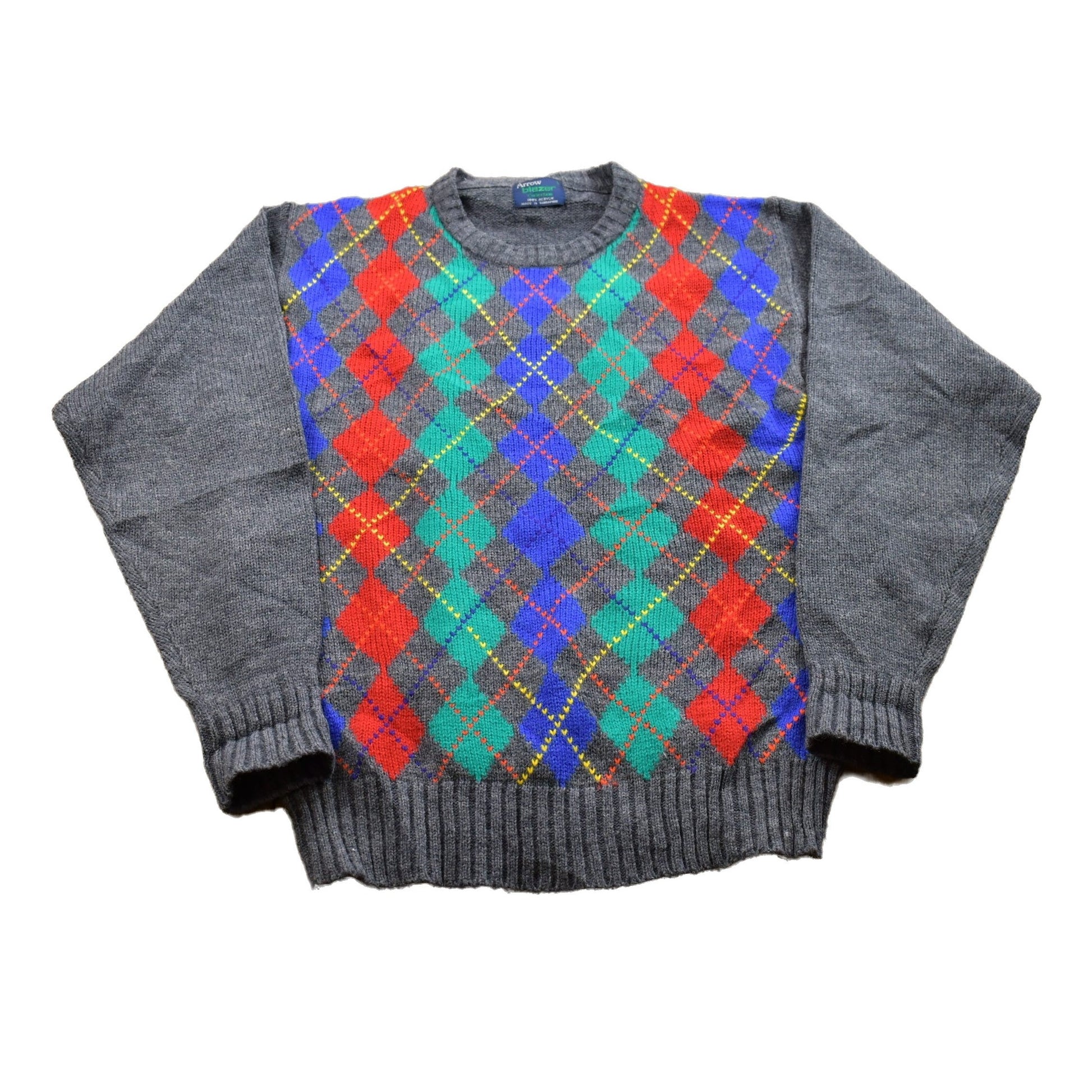 Proper Vintage Clothing > Gender Neutral Adult Clothing > Hoodies & Sweatshirts > Sweatshirts Vintage 1990s Arrow Knitted Argyle Crewneck Sweater / Vintage 90s Crewneck / All Over Pattern / Colorful / Sweatshirt / Abstract Pattern