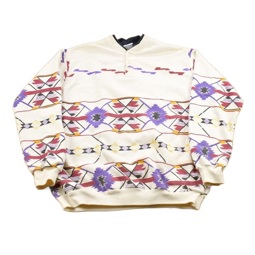 Proper Vintage Clothing > Gender Neutral Adult Clothing > Hoodies & Sweatshirts > Sweatshirts Vintage 1990s Aztec Pattern Quarter Button Up Sweatshirt / 90s Sweater / Made In USA / Essential / Streetwear / Aztec Theme