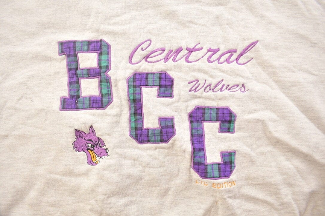 Proper Vintage Clothing > Gender Neutral Adult Clothing > Hoodies & Sweatshirts > Sweatshirts Vintage 1990s Bay City Central Wolves Collegiate Crewneck / Embroidered / NCAA Sweatshirt / Sportswear / Americana