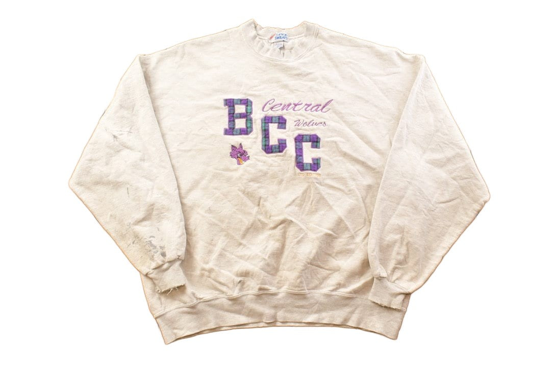Proper Vintage Clothing > Gender Neutral Adult Clothing > Hoodies & Sweatshirts > Sweatshirts Vintage 1990s Bay City Central Wolves Collegiate Crewneck / Embroidered / NCAA Sweatshirt / Sportswear / Americana