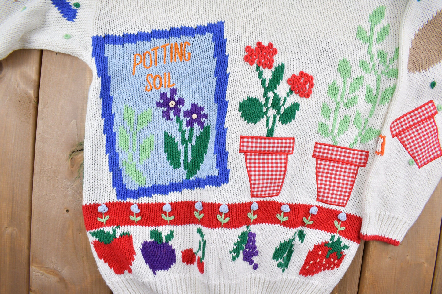 Proper Vintage Clothing > Gender Neutral Adult Clothing > Hoodies & Sweatshirts > Sweatshirts Vintage 1990s Belle Point Gardening Theme Knit Cardigan Sweater / Vintage Cardigan / Button Up / Patchwork / Embroidered