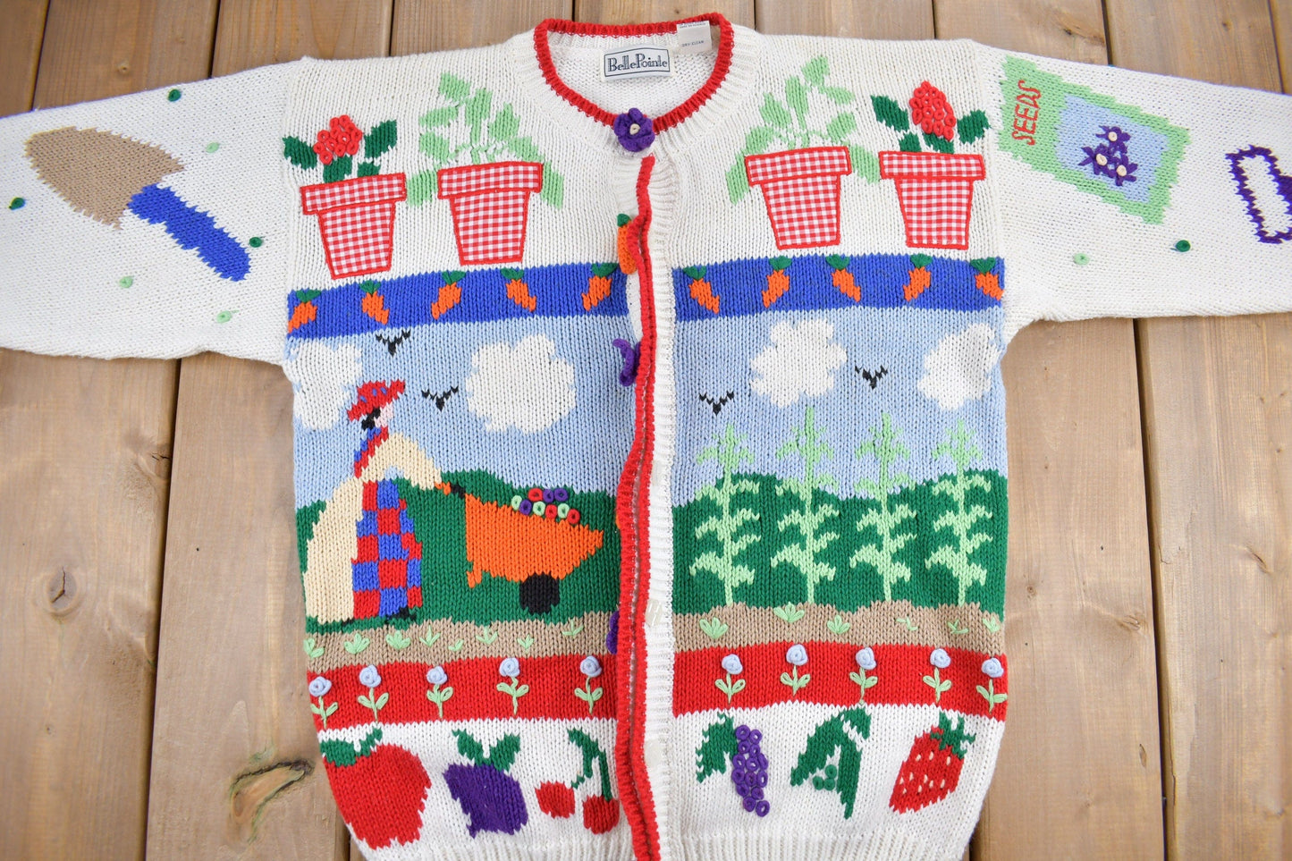 Proper Vintage Clothing > Gender Neutral Adult Clothing > Hoodies & Sweatshirts > Sweatshirts Vintage 1990s Belle Point Gardening Theme Knit Cardigan Sweater / Vintage Cardigan / Button Up / Patchwork / Embroidered