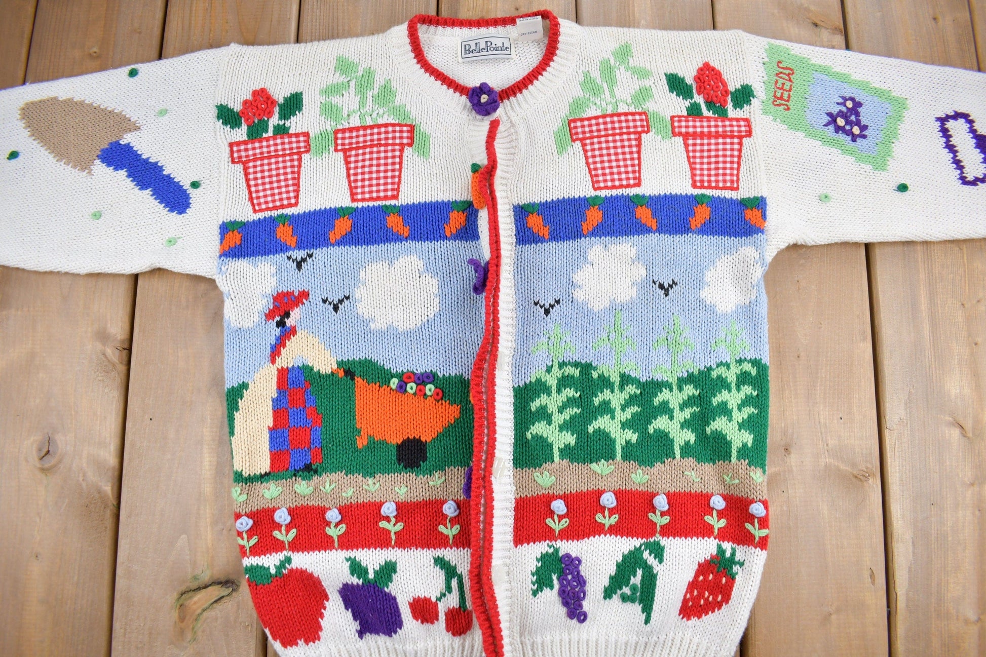 Proper Vintage Clothing > Gender Neutral Adult Clothing > Hoodies & Sweatshirts > Sweatshirts Vintage 1990s Belle Point Gardening Theme Knit Cardigan Sweater / Vintage Cardigan / Button Up / Patchwork / Embroidered