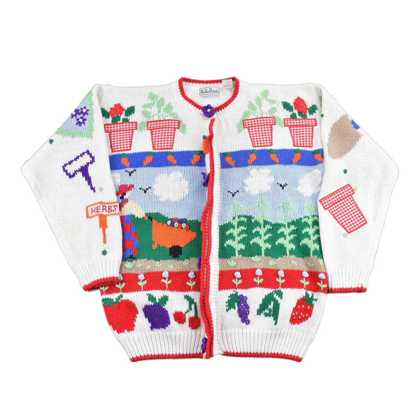 Proper Vintage Clothing > Gender Neutral Adult Clothing > Hoodies & Sweatshirts > Sweatshirts Vintage 1990s Belle Point Gardening Theme Knit Cardigan Sweater / Vintage Cardigan / Button Up / Patchwork / Embroidered