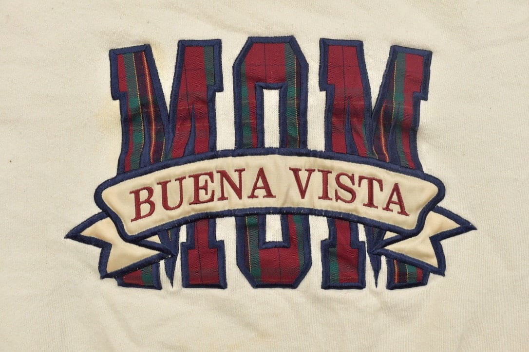 Proper Vintage Clothing > Gender Neutral Adult Clothing > Hoodies & Sweatshirts > Sweatshirts Vintage 1990s Buena Vista College Mum Embroidered Crewneck Sweatshirt / Patchwork / Sportswear / Vintage Athleisure