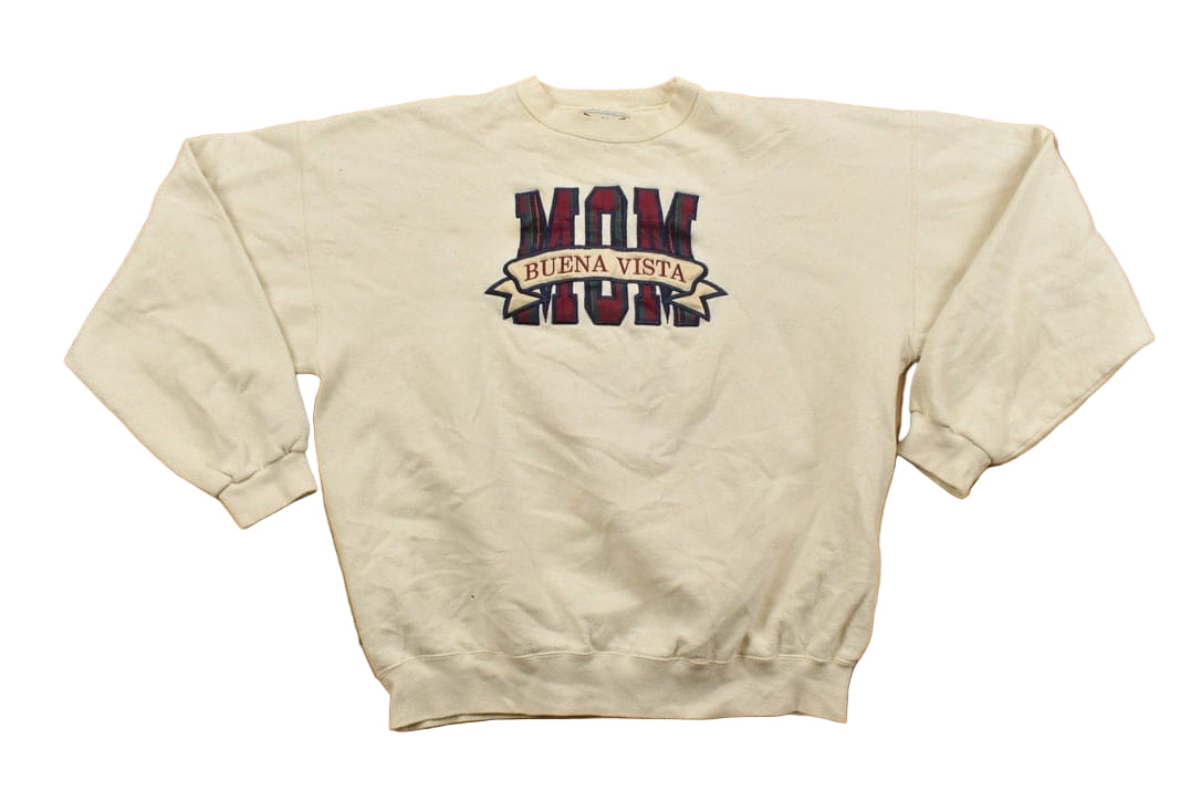 Proper Vintage Clothing > Gender Neutral Adult Clothing > Hoodies & Sweatshirts > Sweatshirts Vintage 1990s Buena Vista College Mum Embroidered Crewneck Sweatshirt / Patchwork / Sportswear / Vintage Athleisure