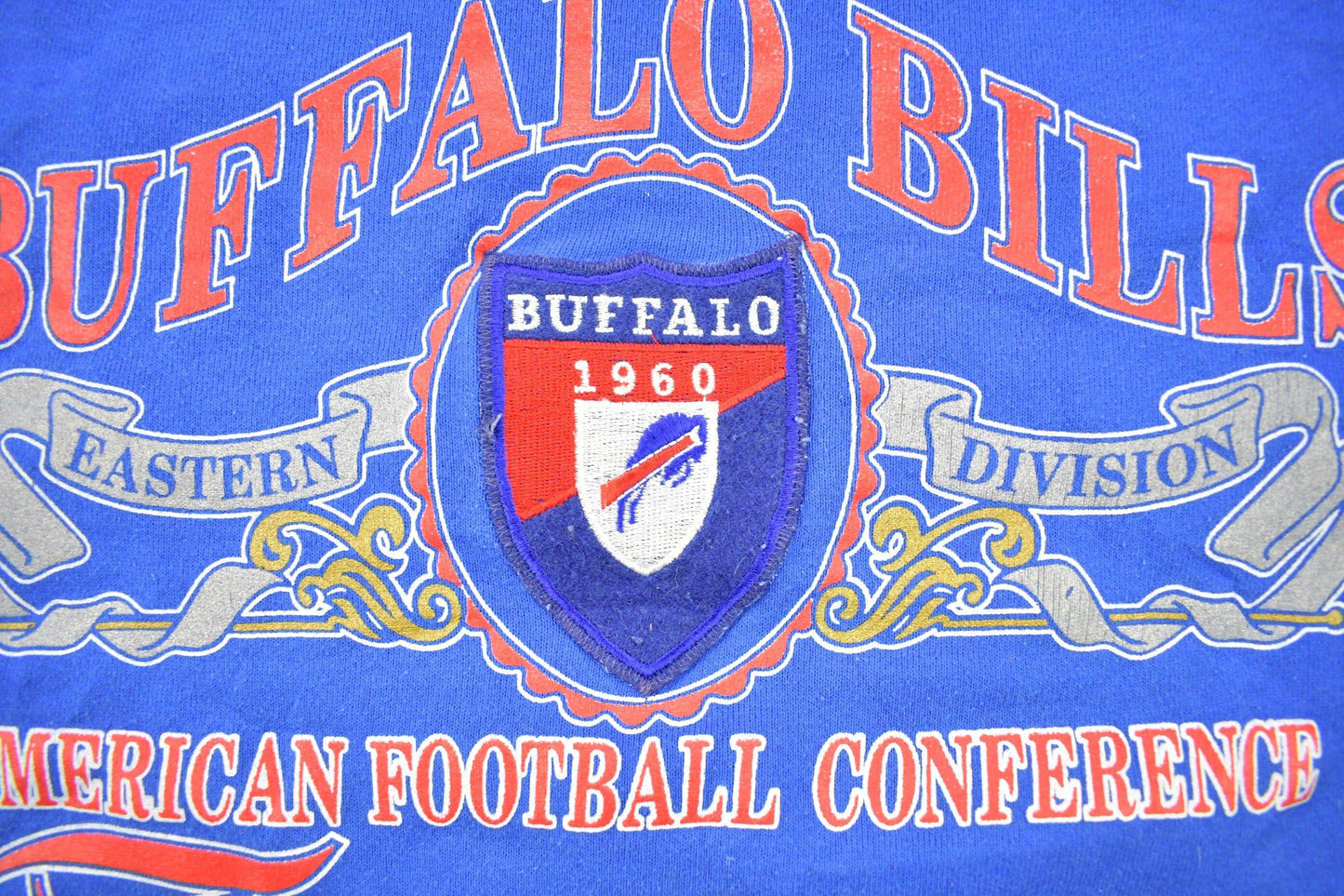 Proper Vintage Clothing > Gender Neutral Adult Clothing > Hoodies & Sweatshirts > Sweatshirts Vintage 1990s Buffalo Bills NFL Crewneck Sweatshirt / Made In USA / Bills Mafia / Sportswear / Athleisure / Nutmeg / Patchwork