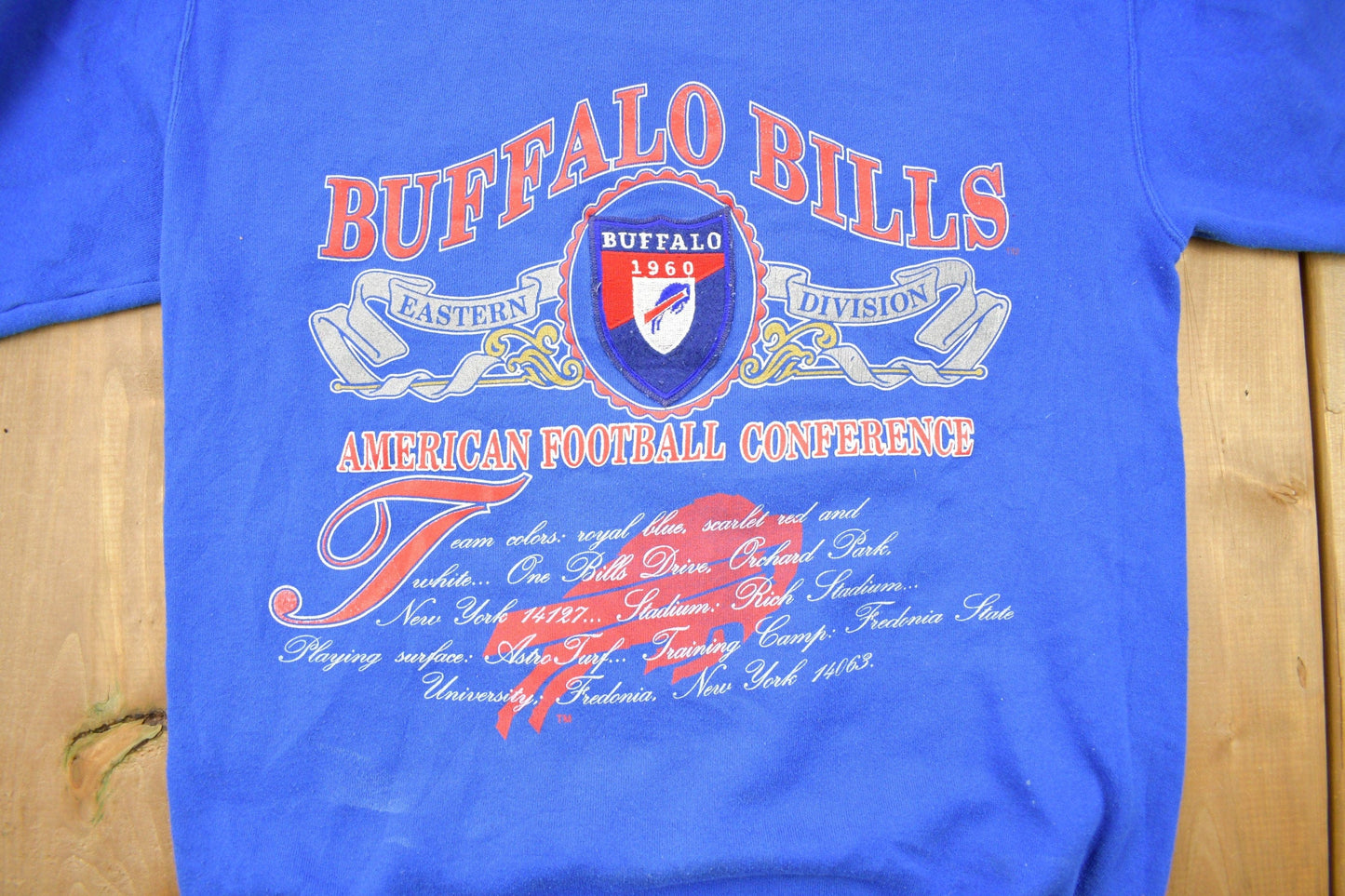 Proper Vintage Clothing > Gender Neutral Adult Clothing > Hoodies & Sweatshirts > Sweatshirts Vintage 1990s Buffalo Bills NFL Crewneck Sweatshirt / Made In USA / Bills Mafia / Sportswear / Athleisure / Nutmeg / Patchwork