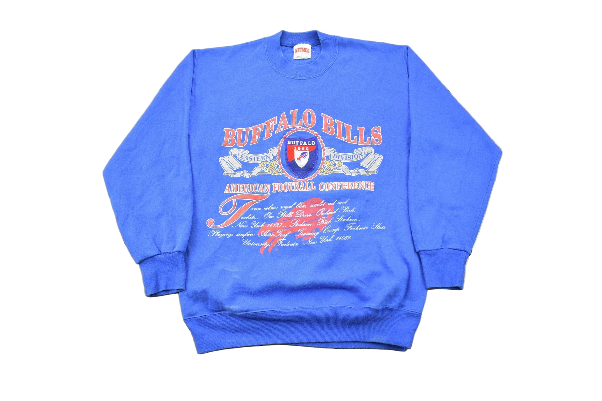 Proper Vintage Clothing > Gender Neutral Adult Clothing > Hoodies & Sweatshirts > Sweatshirts Vintage 1990s Buffalo Bills NFL Crewneck Sweatshirt / Made In USA / Bills Mafia / Sportswear / Athleisure / Nutmeg / Patchwork