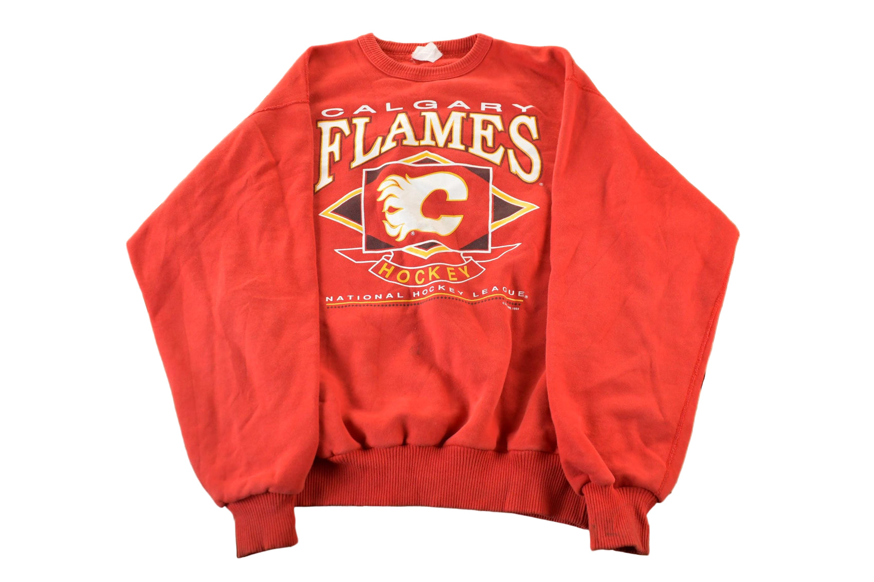 Proper Vintage Clothing > Gender Neutral Adult Clothing > Hoodies & Sweatshirts > Sweatshirts Vintage 1990s Calgary Flames NHL Hockey Crewneck Sweatshirt / Made In USA / Vintage Sportswear / Embroidered / Men's XL