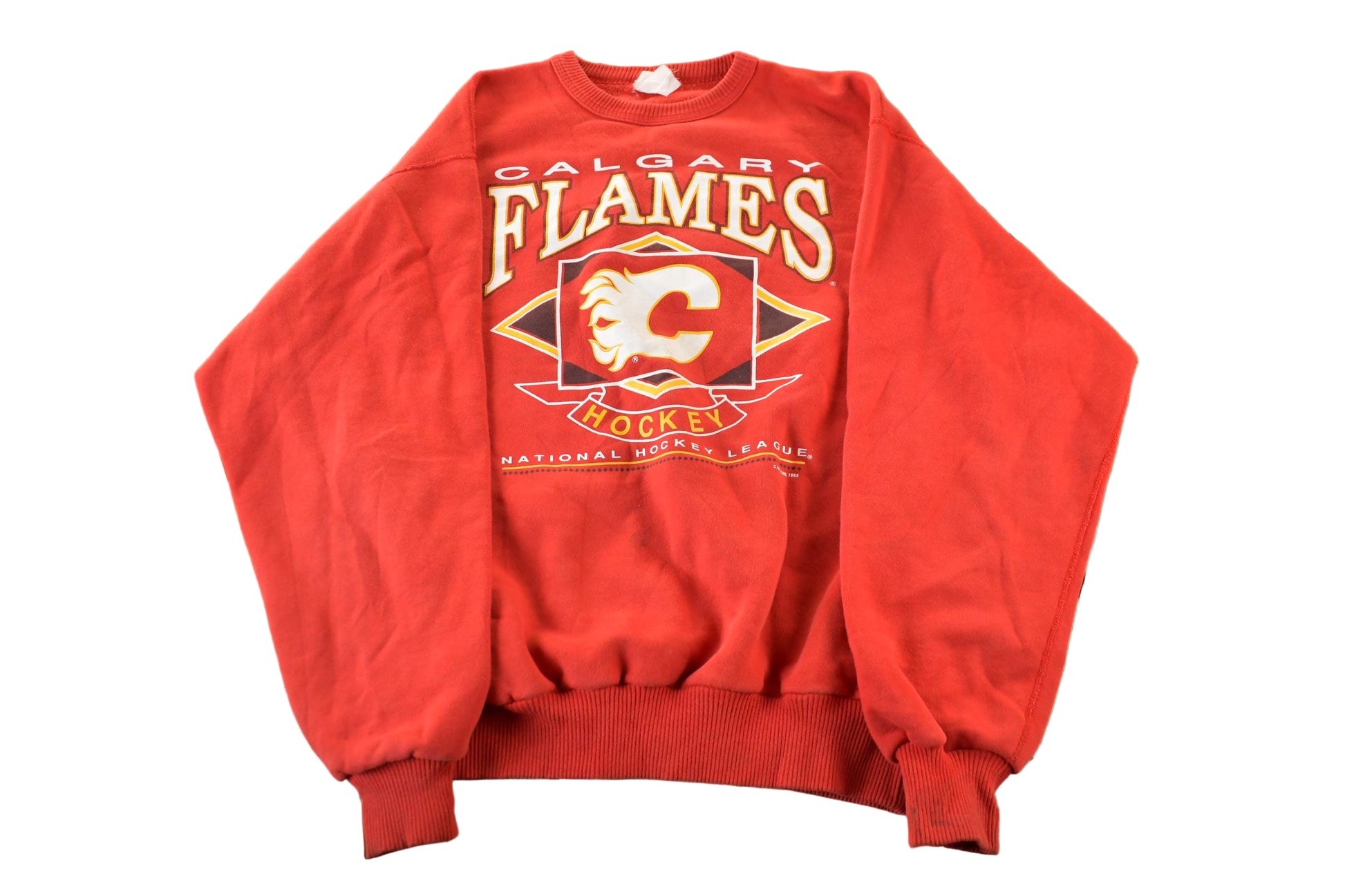 Proper Vintage Clothing > Gender Neutral Adult Clothing > Hoodies & Sweatshirts > Sweatshirts Vintage 1990s Calgary Flames NHL Hockey Crewneck Sweatshirt / Made In USA / Vintage Sportswear / Embroidered / Men's XL